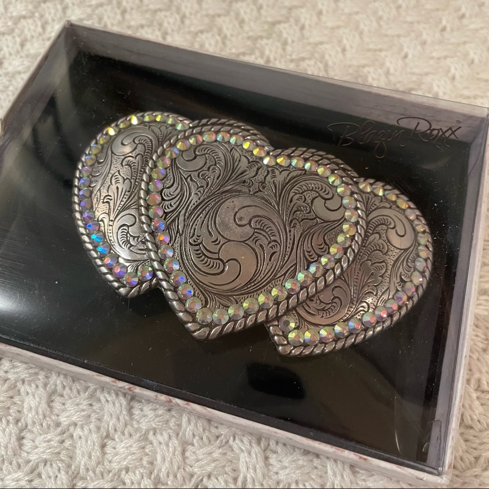 Belt Buckle Nocona Triple Heart Silver Rhinestone Cowgirl Country Western Ladies